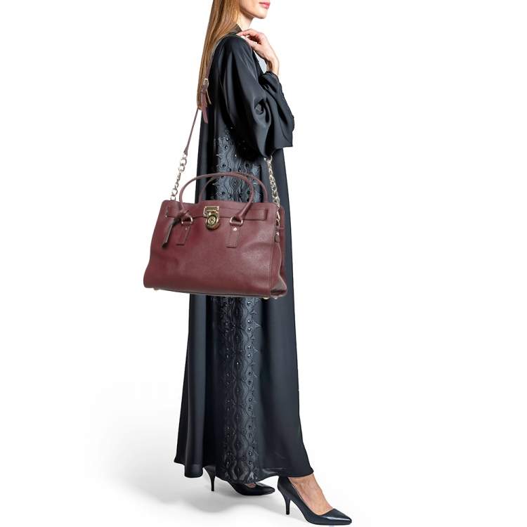 Pre Owned Michael Kors Burgundy Leather East/West Hamilton Tote