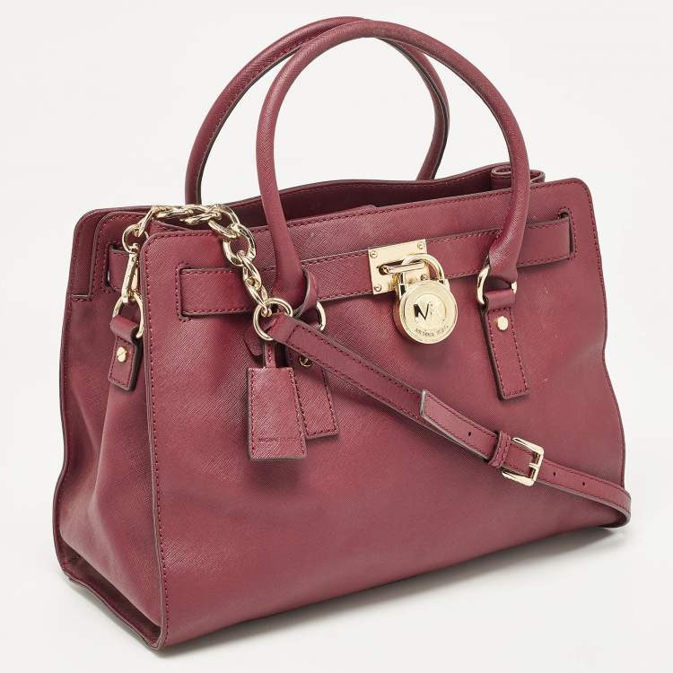 Pre Owned Michael Kors Burgundy Leather East/West Hamilton Tote