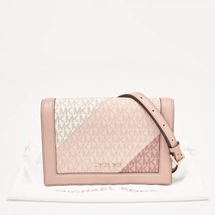 Pre Owned Michael Kors Old Rose Signature Coated Canvas and Leather Jet Set Full Flap Shoulder Bag