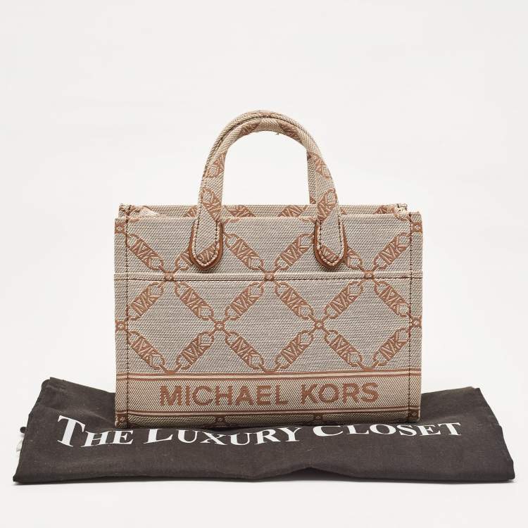 Pre Owned Michael Kors Beige/Brown Logo Jacquard Fabric Gigi Empire Tote