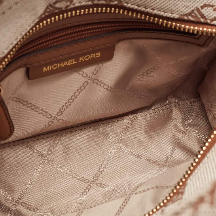 Pre Owned Michael Kors Beige/Brown Logo Jacquard Fabric Gigi Empire Tote