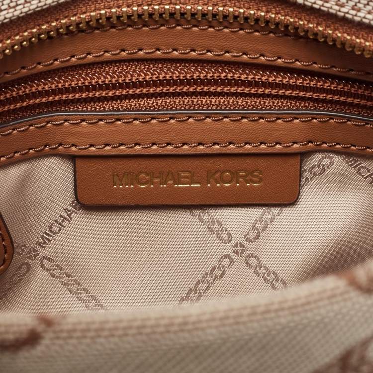 Pre Owned Michael Kors Beige/Brown Logo Jacquard Fabric Gigi Empire Tote