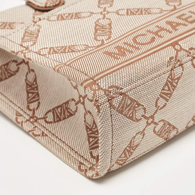 Pre Owned Michael Kors Beige/Brown Logo Jacquard Fabric Gigi Empire Tote