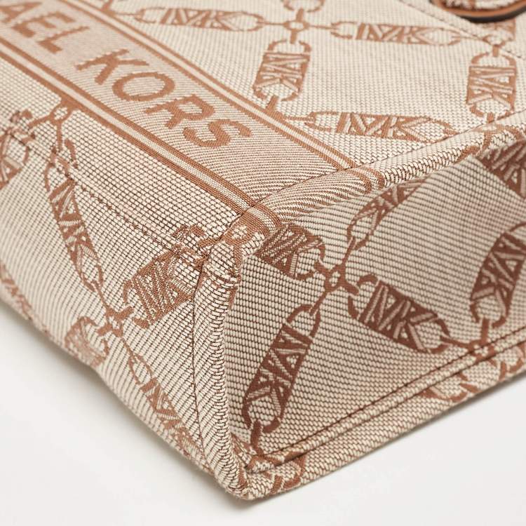 Pre Owned Michael Kors Beige/Brown Logo Jacquard Fabric Gigi Empire Tote