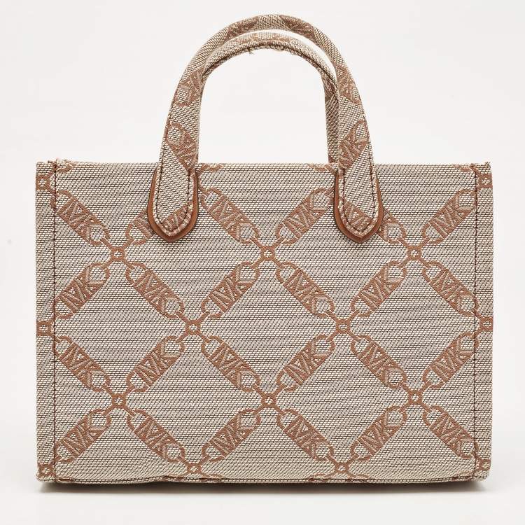 Pre Owned Michael Kors Beige/Brown Logo Jacquard Fabric Gigi Empire Tote