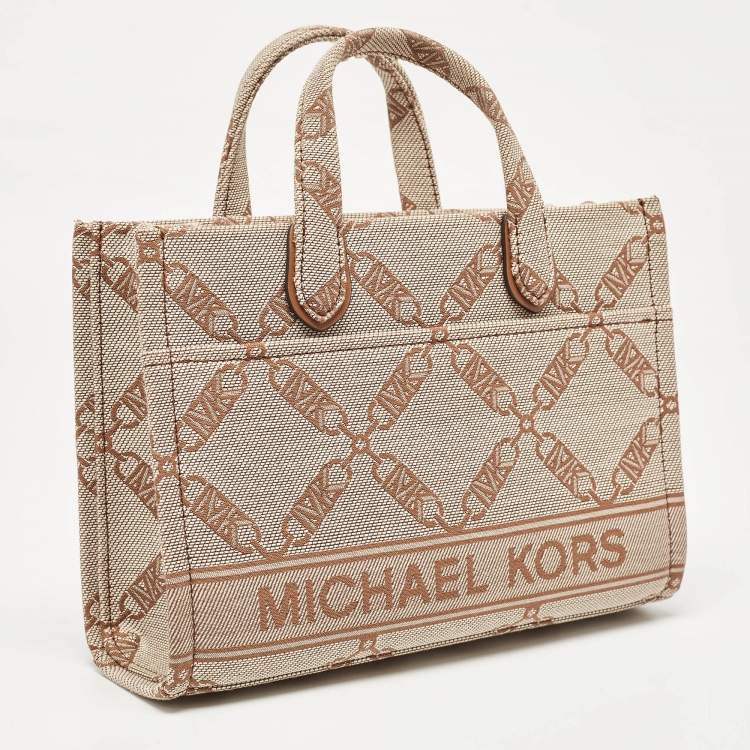 Pre Owned Michael Kors Beige/Brown Logo Jacquard Fabric Gigi Empire Tote