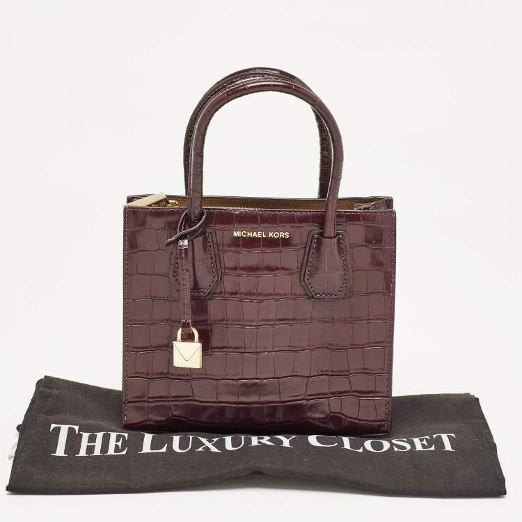 Pre Owned Michael Kors Burgundy Croc Embossed Leather Mini Mercer Tote