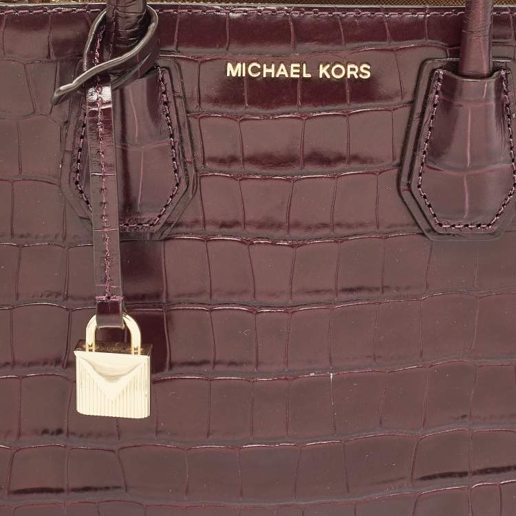 Pre Owned Michael Kors Burgundy Croc Embossed Leather Mini Mercer Tote