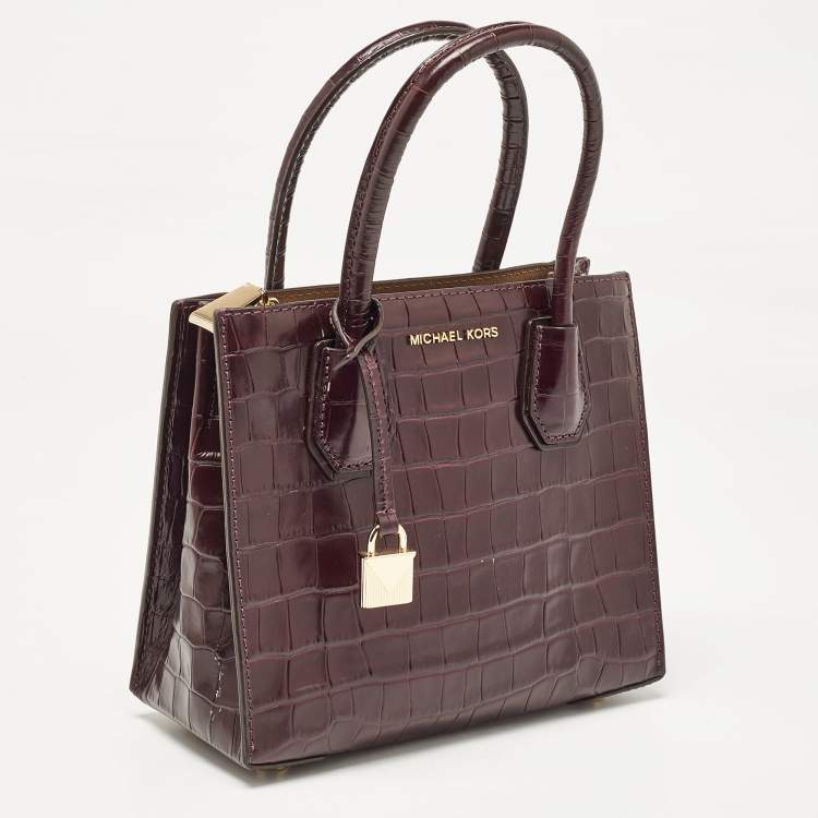 Pre Owned Michael Kors Burgundy Croc Embossed Leather Mini Mercer Tote