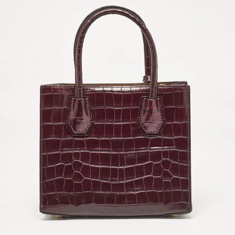 Pre Owned Michael Kors Burgundy Croc Embossed Leather Mini Mercer Tote