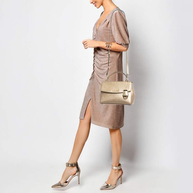 Pre Owned Michael Kors Gold Leather Small Ava Top Handle Bag