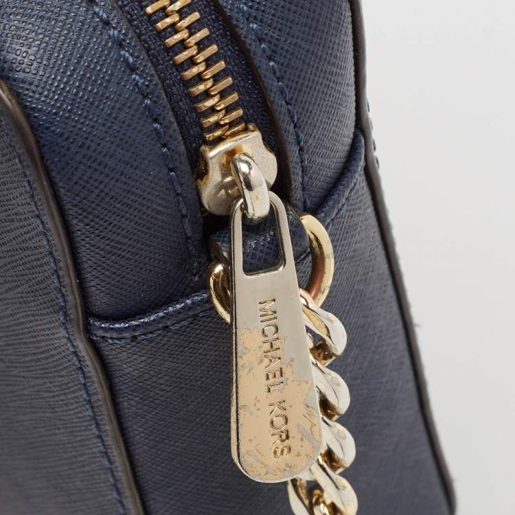 Pre Owned Michael Kors Navy Blue Leather Jet Set Camera Crossbody Bag