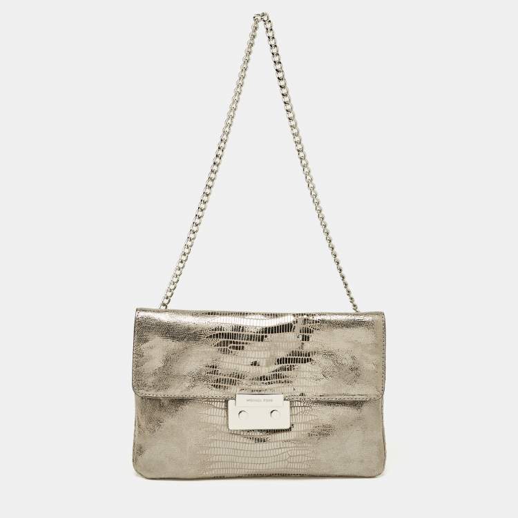 Pre Owned Michael Kors Silver Python Effect Suede Sloan Chain Clutch
