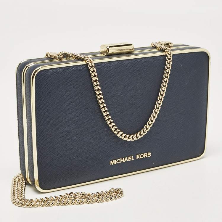 Pre Owned Michael Kors Blue Leather Elsie Box Chain Clutch
