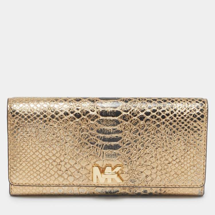 Pre Owned Michael Kors Gold Python Embossed Leather Continental Wallet
