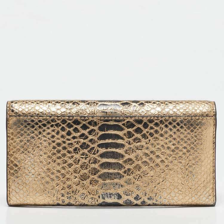 Pre Owned Michael Kors Gold Python Embossed Leather Continental Wallet