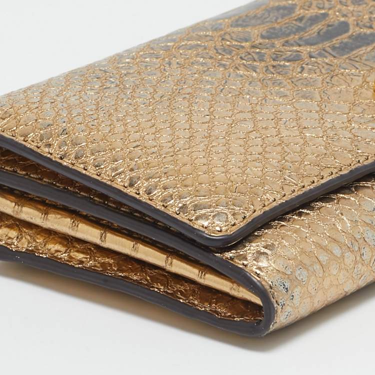 Pre Owned Michael Kors Gold Python Embossed Leather Continental Wallet