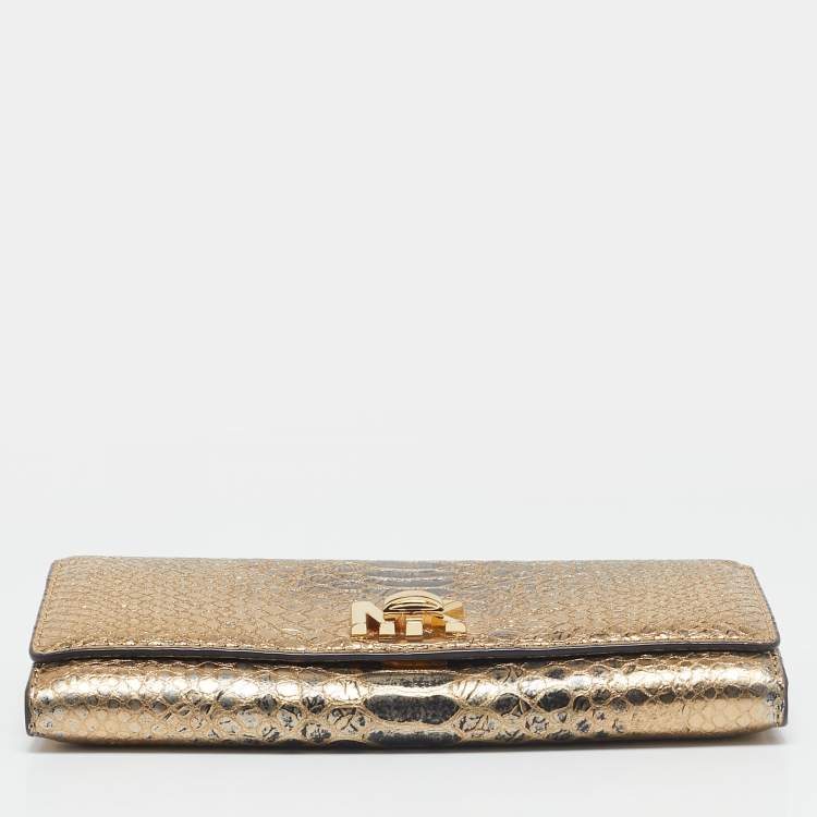 Pre Owned Michael Kors Gold Python Embossed Leather Continental Wallet