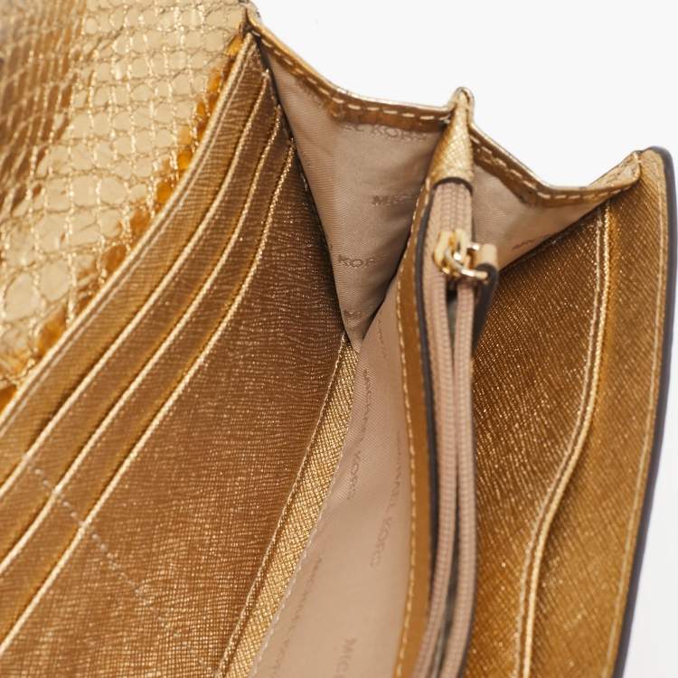 Pre Owned Michael Kors Gold Python Embossed Leather Continental Wallet