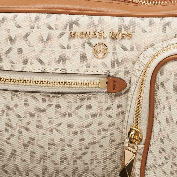 Pre Owned Michael Kors Beige/Brown Signatur Canvas Jet Set Travel Wristlet Pouch