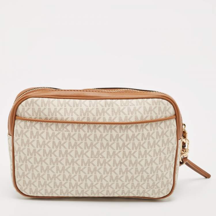 Pre Owned Michael Kors Beige/Brown Signatur Canvas Jet Set Travel Wristlet Pouch