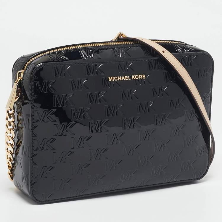 Pre Owned Michael Kors Black Monogram Patent Leather Large Jet Set Crossbody Bag