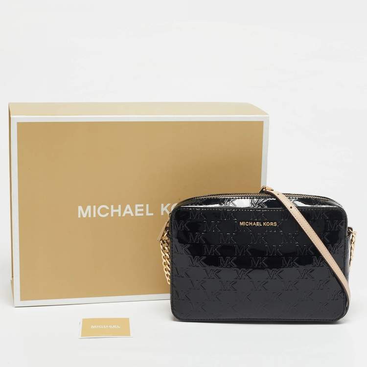 Pre Owned Michael Kors Black Monogram Patent Leather Large Jet Set Crossbody Bag