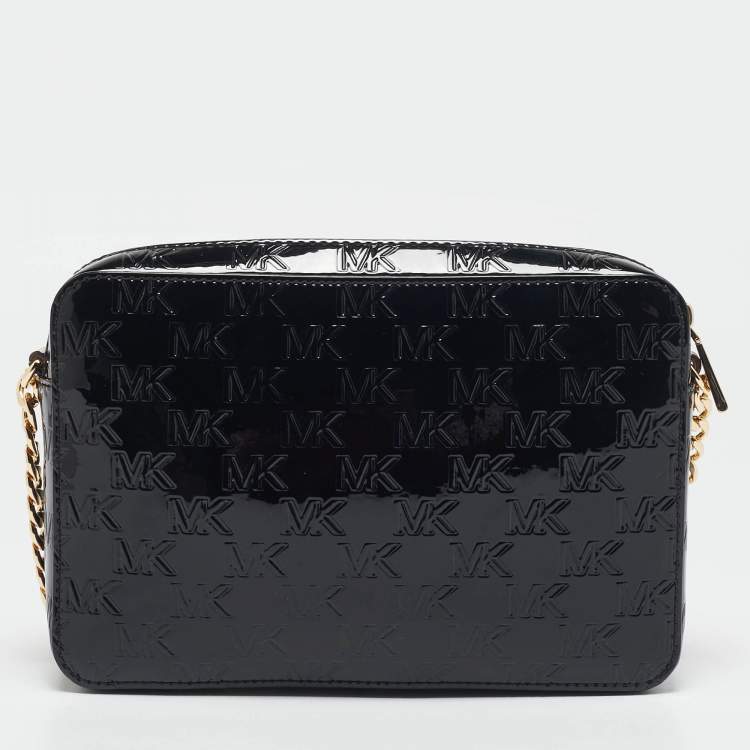 Pre Owned Michael Kors Black Monogram Patent Leather Large Jet Set Crossbody Bag