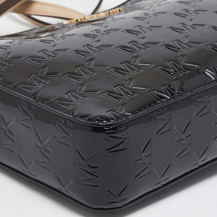 Pre Owned Michael Kors Black Monogram Patent Leather Large Jet Set Crossbody Bag