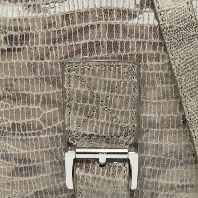 Pre Owned Michael Kors Grey Lizard Embossed Leather Buckle Flap Crossbody Bag