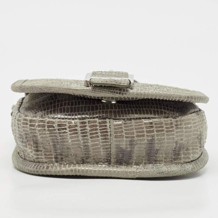 Pre Owned Michael Kors Grey Lizard Embossed Leather Buckle Flap Crossbody Bag