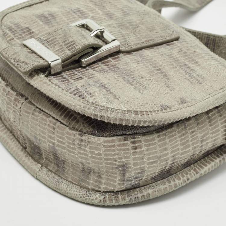 Pre Owned Michael Kors Grey Lizard Embossed Leather Buckle Flap Crossbody Bag