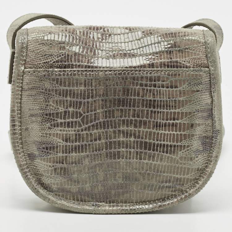 Pre Owned Michael Kors Grey Lizard Embossed Leather Buckle Flap Crossbody Bag