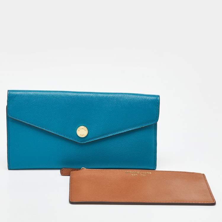 Pre Owned Michael Kors Blue/Brown Leather Flap Continental Wallet 