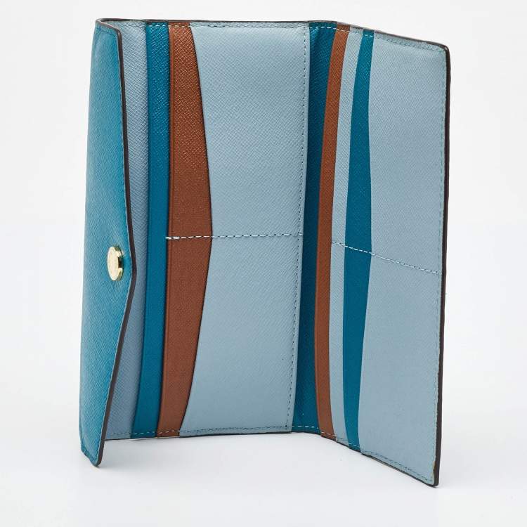 Pre Owned Michael Kors Blue/Brown Leather Flap Continental Wallet 