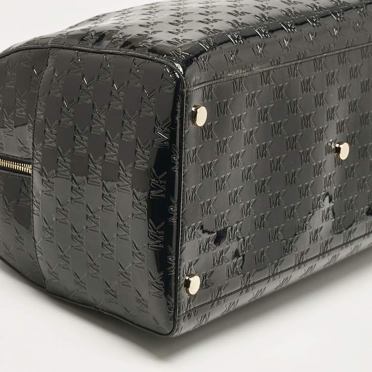 Pre Owned Michael Kors Black Embossed Logo Patent Fabric Extra large Grayson Weekender Bag