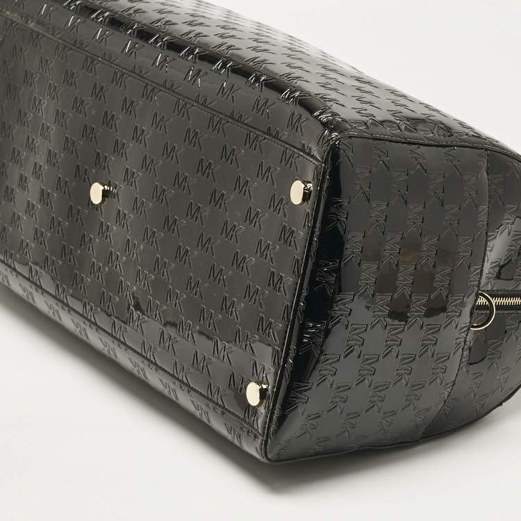 Pre Owned Michael Kors Black Embossed Logo Patent Fabric Extra large Grayson Weekender Bag