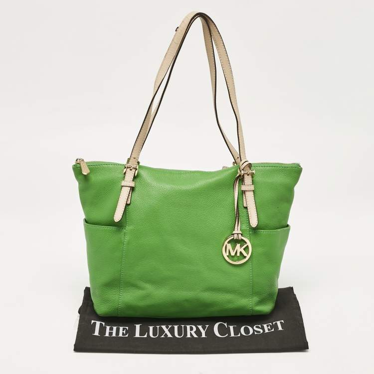 Pre Owned Michael Kors Green/Beige Leather Jet Set Top Zip Tote