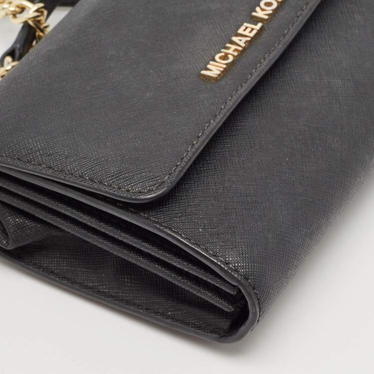 Pre Owned Michael Kors Black Leather Flap Wallet On Chain