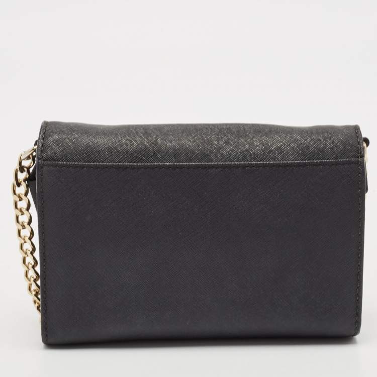 Pre Owned Michael Kors Black Leather Flap Wallet On Chain