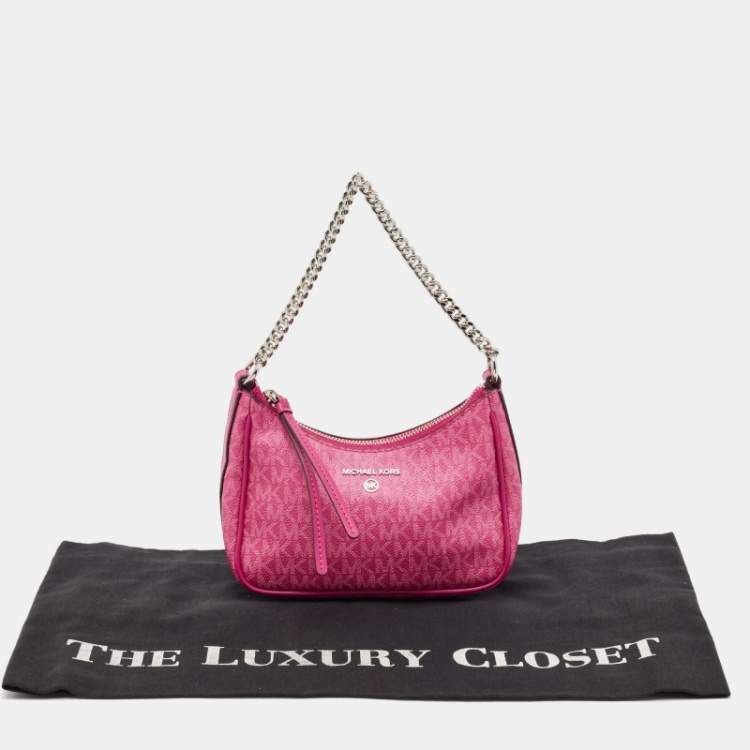 Pre Owned Michael Kors Pink Signature Coated Canvas and Leather Small Jet Set Charm Bag