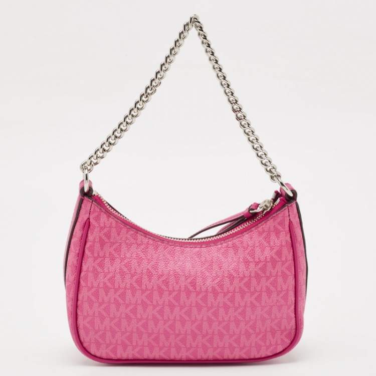 Pre Owned Michael Kors Pink Signature Coated Canvas and Leather Small Jet Set Charm Bag