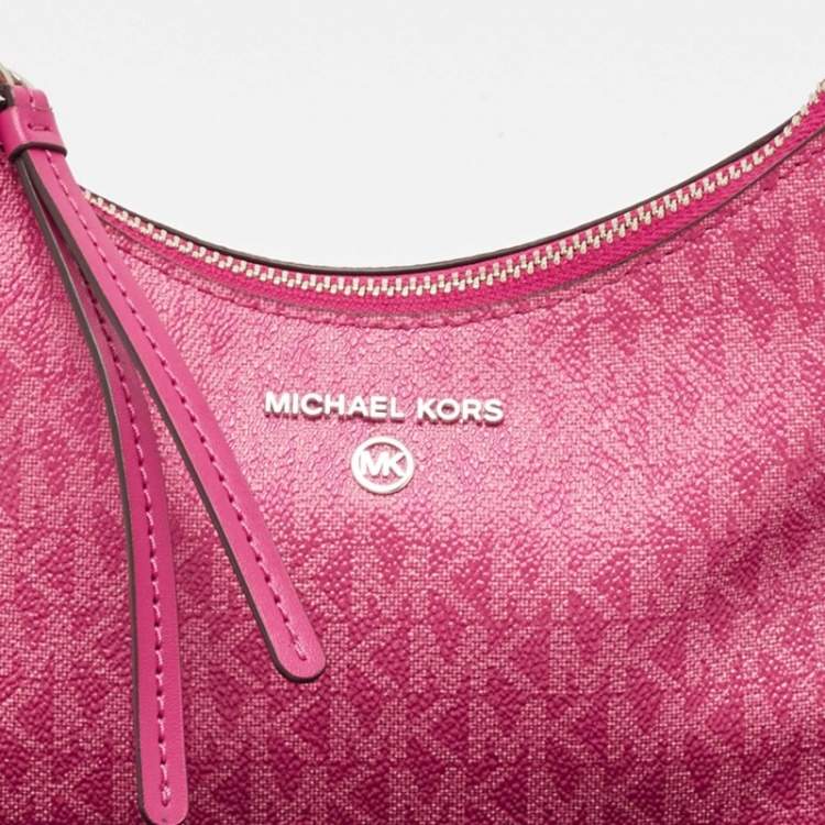 Pre Owned Michael Kors Pink Signature Coated Canvas and Leather Small Jet Set Charm Bag