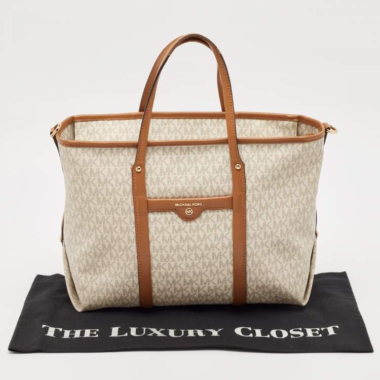 Pre Owned Michael Kors Brown/White Signature Coated Canvas and Leather Beck Tote
