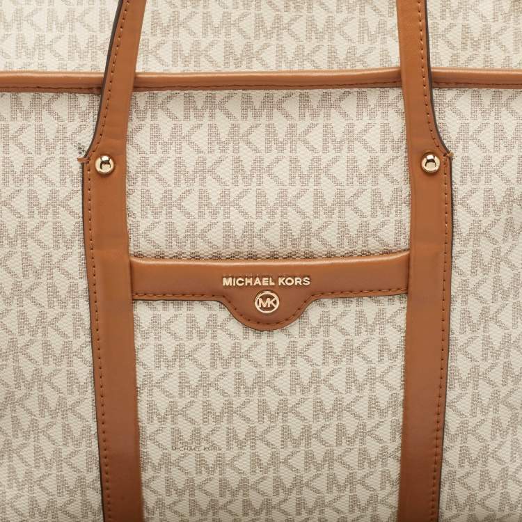 Pre Owned Michael Kors Brown/White Signature Coated Canvas and Leather Beck Tote