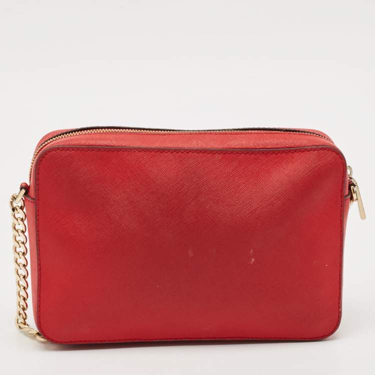 Pre Owned Michael Kors Red Leather Jet Set Camera Crossbody Bag