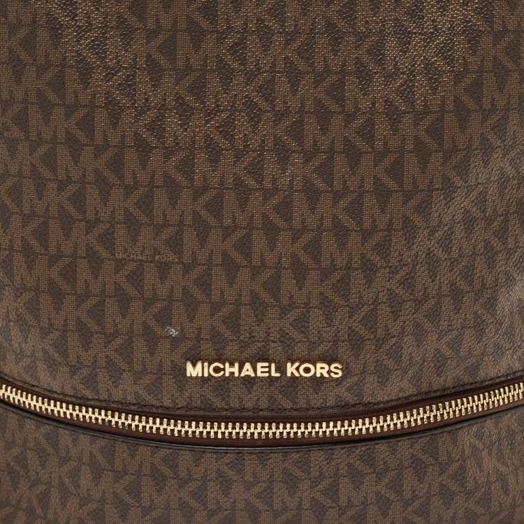 Pre Owned Michael Kors Brown Signature Coated Canvas and Leather Medium Rhea Backpack