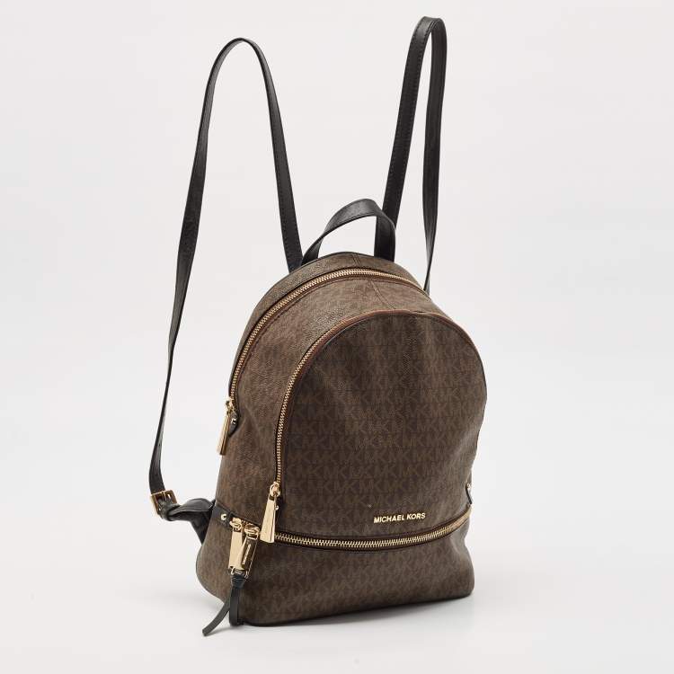 Pre Owned Michael Kors Brown Signature Coated Canvas and Leather Medium Rhea Backpack