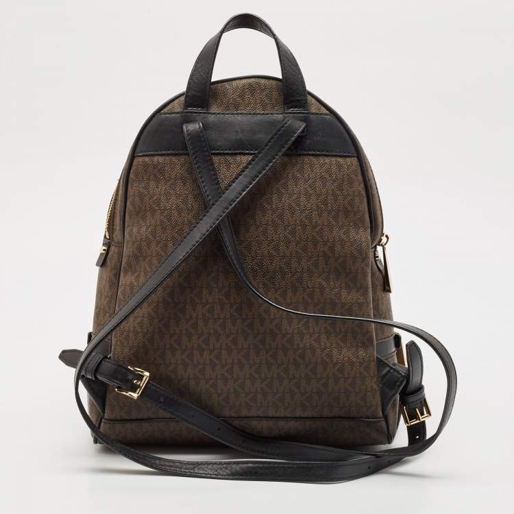 Pre Owned Michael Kors Brown Signature Coated Canvas and Leather Medium Rhea Backpack