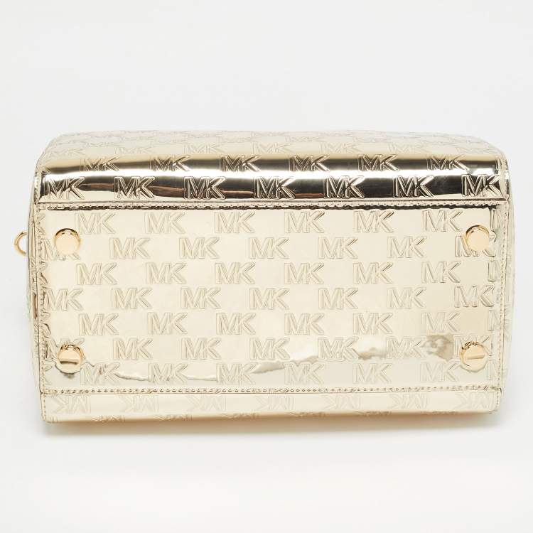 Pre Owned MICHAEL Michael Kors Gold Signature Laminated Leather and Leather Grayson Satchel